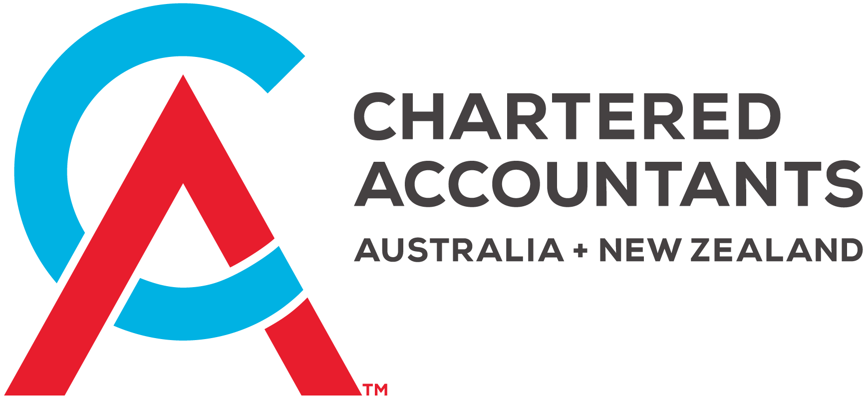 Logo of Chartered Accountants Australia and New Zealand featuring interlocking red and blue letters 